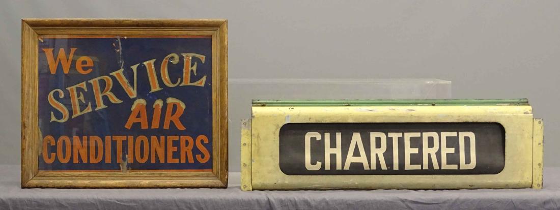Misc. Lot: Misc. lot including vintage poster "WE SERVICE AIR CONDITIONERS" (fair condition, sight 15" x 19 1/2"), and vintage bus sign "CHARTERED" (33" x 9" x 4 1/2", fair condition).