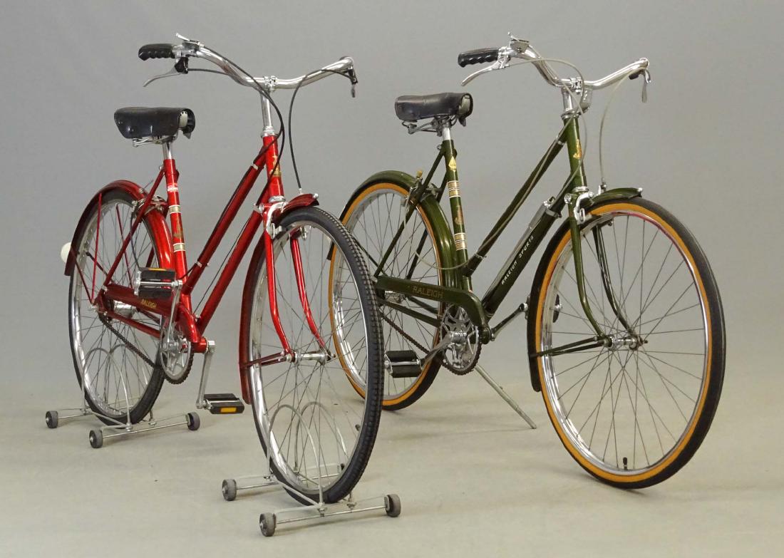 Two Raleigh Bicycles: Lot (2) Raleigh bicycles. Includes 1966 Sports. Sturmey Archer 3 speed, original Dunlop tires, unique double ended brake cables, Raleigh pedals, along with a 1972 Raleigh LTD-3, Sturmey Archer 3 speed