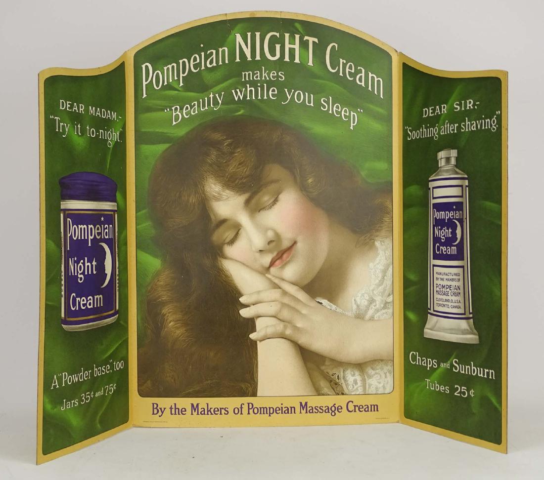 Trade Sign: “Pompeian Night Cream” Counter Top, Multi Colored, Three Panel, Advertising Piece.