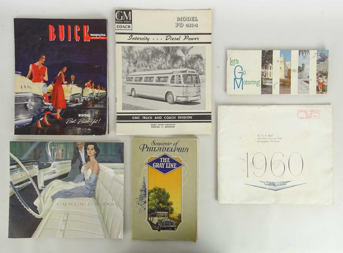 Automobile Ephemera Lot: Lot of misc. automobile ephemera. Archives from auto executive R. D. Bell in Michigan. Includes 1960 Cadillac brochure, Souvenir of Philadelphia "THE GRAY LINE" pamphlet, GM Coach brochures, 1955 Buic