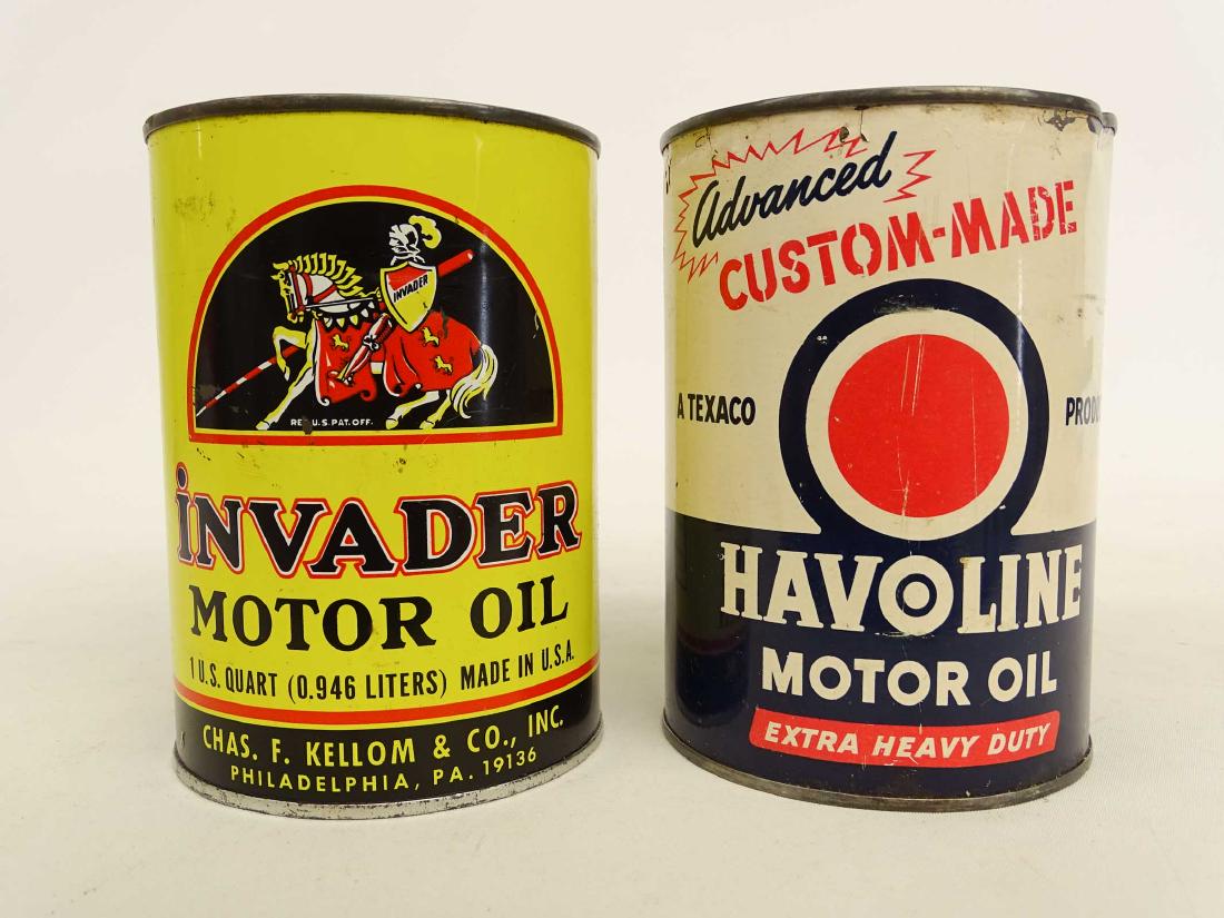 Oil Cans: Lot (2) early oil cans. Havoline and Invader. 5 1/2" Ht.. Fair condition.