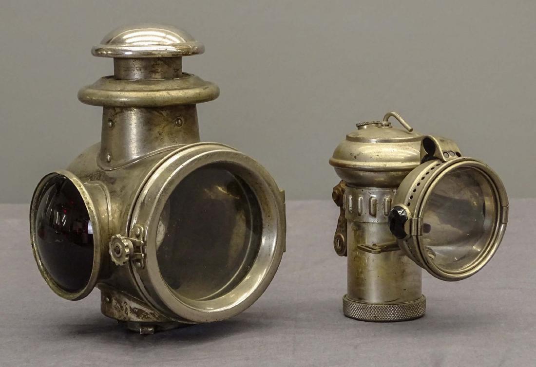 Misc. Lot: Lot including carbide Columbia Model C bicycle lamp and early Model T kerosene lamp. Fair condition.