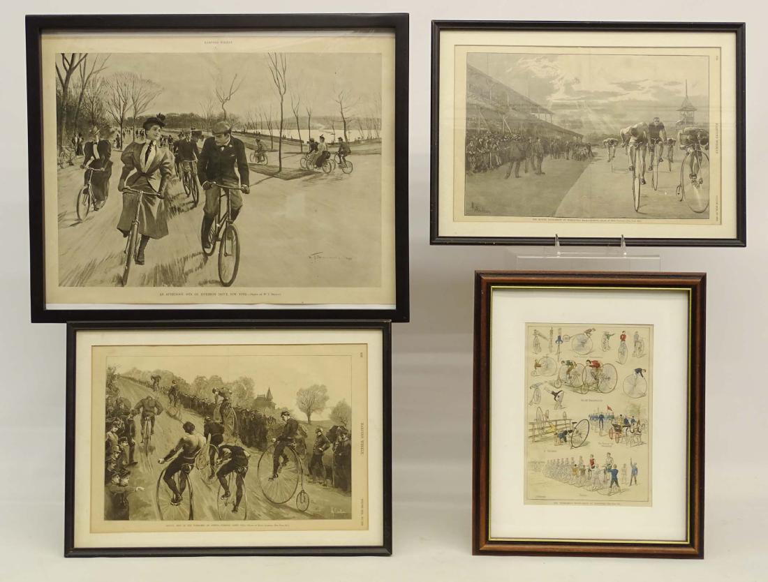 Bicycle Artwork Lot: Lot (4) framed pieces of Harpers Weekly bicycle artwork. Largest frame 17 1/2" x 21". Ex: Woodworth Collection.
