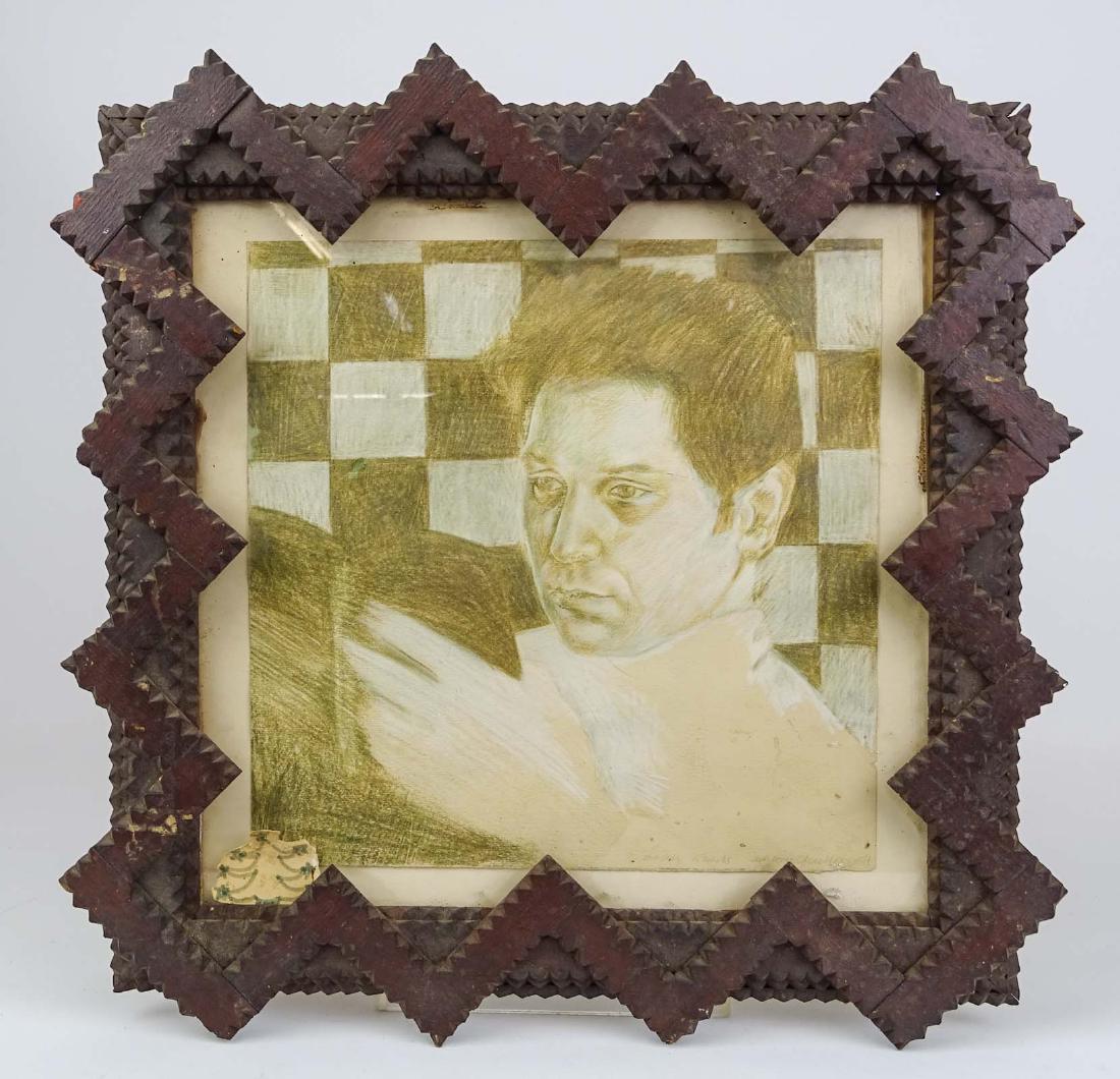 Dan Basen (1939-1970): Dan Basen (1939-1970), Self Portrait, sight 9 1/2" x 9 1/2", colored pencil on music sheet, original tramp art frame (13" x 13"). Provenance estate of the artist to Joe Vergilio to current consignor.