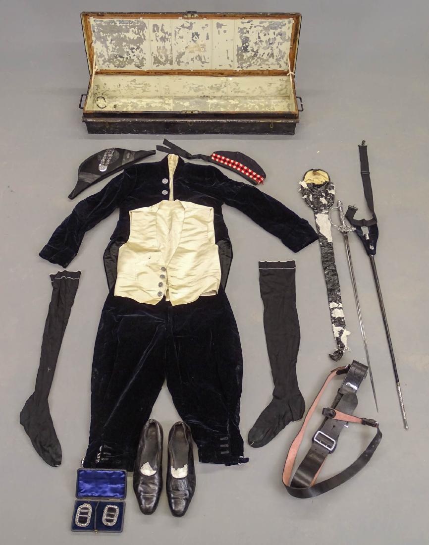 Court Outfit In Original Case: 19th c. court outfit in original case. Badged "J.B. Charlesworth ESQ.". Contains his outfit as worn at The Court Of St. James. Includes clothes, hats, sword, shoes with buckles etc.. Regalia signed "D