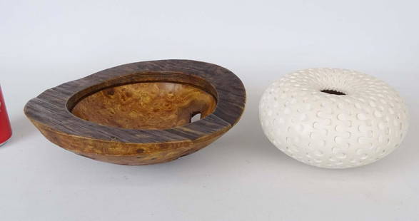 Lot Including Michael Wisner Vase: Lot (2) pieces including ceramic vase by Michael Wisner (American), white dovetail vase, signed underside "Wisner" (dated '07, 6 3/4" D.),, wooden bowl by Michael Scott, burled wooden bowl, late 20th