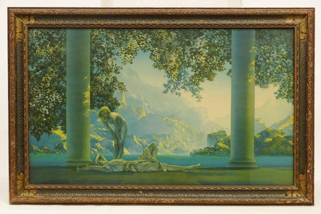 Maxfield Parrish Daybreak Art Nouveau Print: Maxfield Parrish (1870-1966). Day Break. Woodland scene nude woman. Color print, c. 1920s, original frame.. Sight 17 1/2" x 29 1/2".