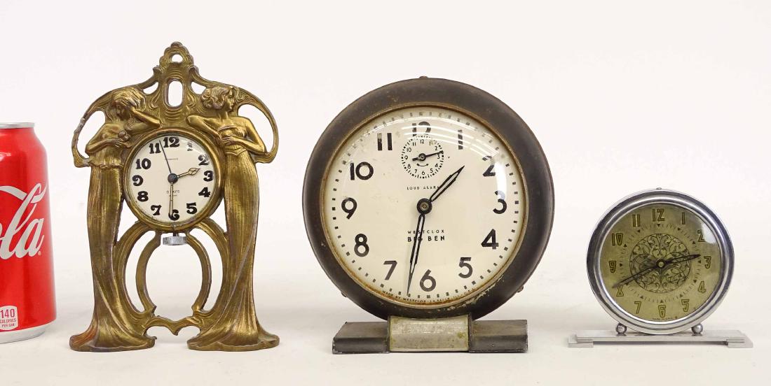 Clock Lot: Lot (3) clocks including vintage Big Ben and brass Art Nouveau style (imperfections, Tiffany Face).