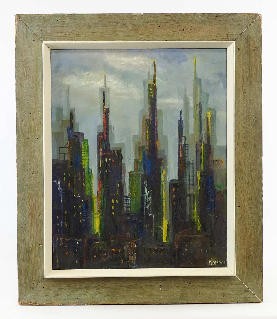 Osvaldo Romberg (b. 1938): Osvaldo Romber (Penna. / Argentina b. 1938), cityscape at night, oil on canvas. Possibly Buenos Aires. Chestnut flat frame. 16" x 20".