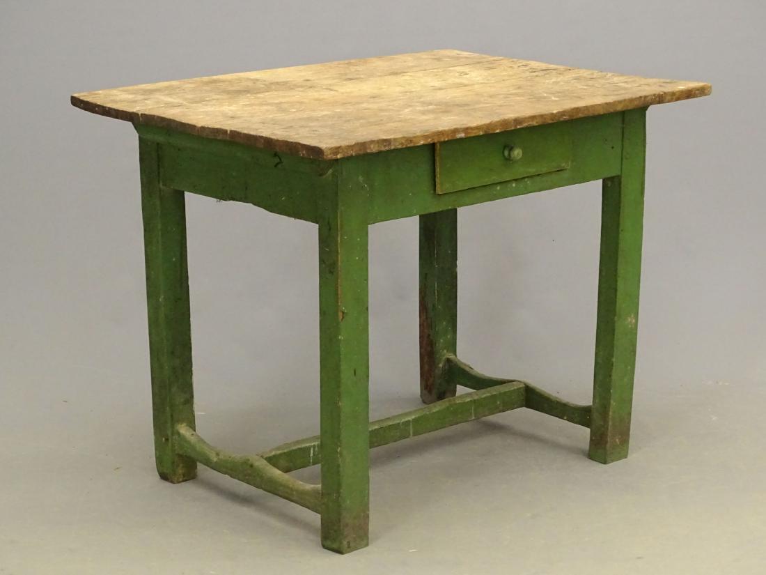 19th c. Primitive Table: 19th c. primitive stretcher base single drawer table in old green paint. 39" x 29" x 30" Ht..