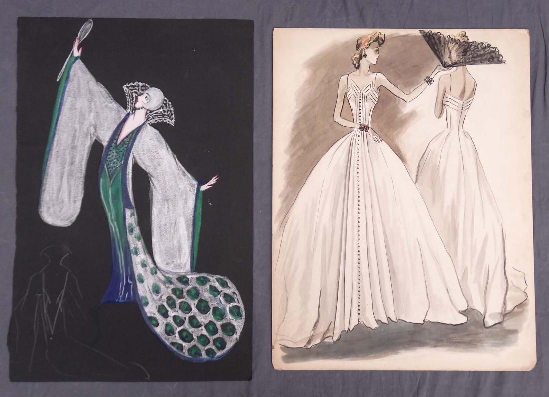Vintage Fashion Watercolors (2): Kaitlyn (Katie) Kuhn original fashion watercolor. With an Art Deco costume design watercolor. Mid 20th C.. Largest 19" x 12 1/2".