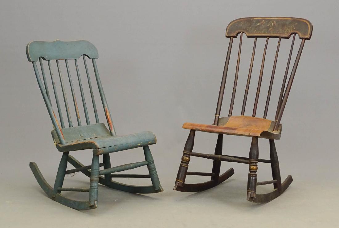 19th c. Hudson Valley Rocking Chairs: Lot (2) early 19th c. Hudson Valley rocking chairs in original paint. 14" seat Ht., 31 1/2" overall Ht. and 15 1/2" seat Ht., 36 1/2" overall Ht..