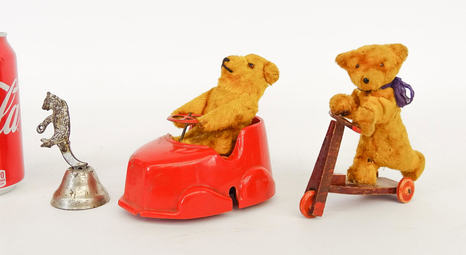 Bear Toys Lot: Lot (3) bear toys including bell (3" L.), bumper car (5 1/2" L.), and scooter (4" L.).