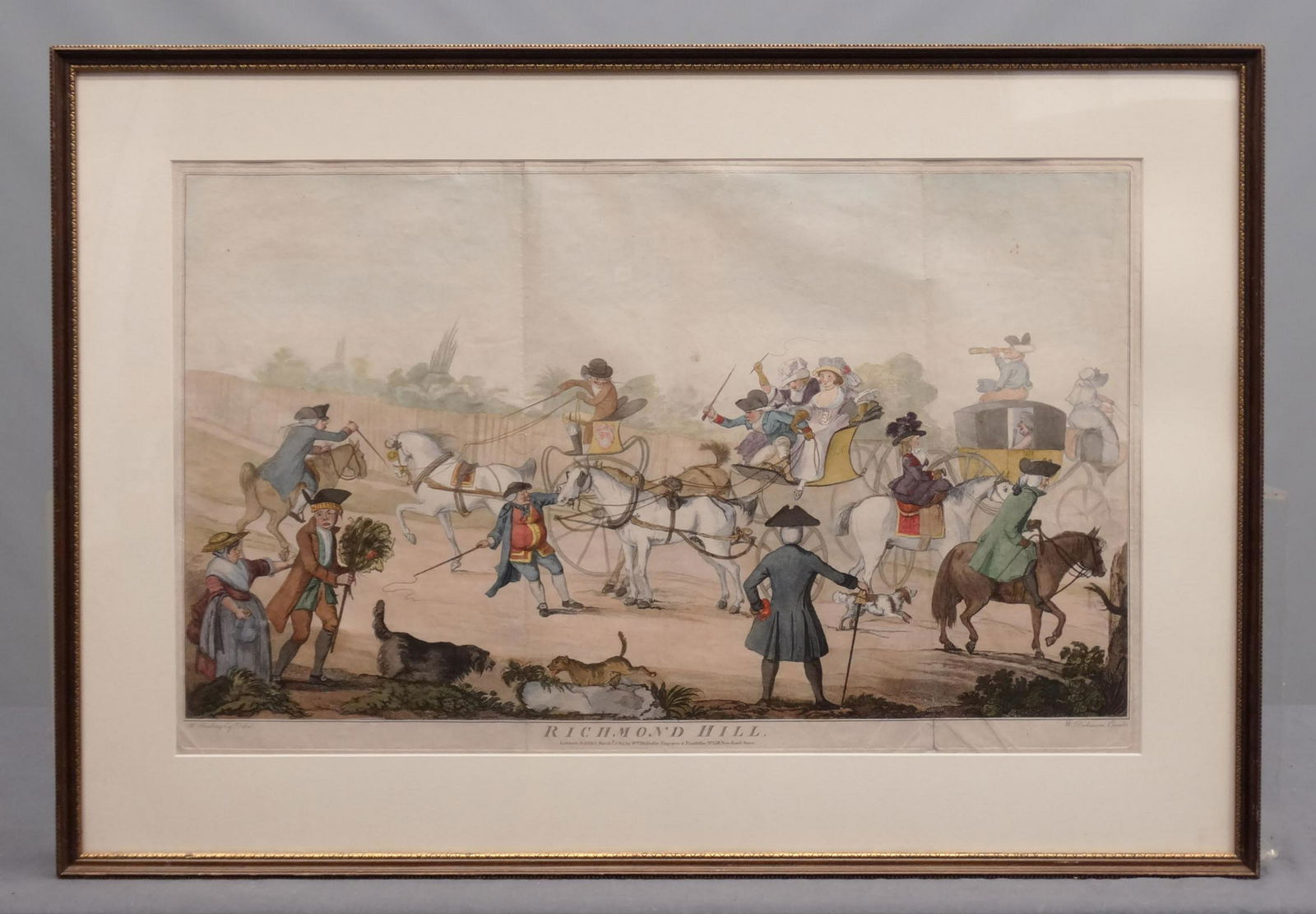 Bunbury Antique Caricature Print: Henry William Bunbury (1750-1811). Richmond Hill. William Dickinson, London: 1782. Hand-colored stipple engraving. British satirical coaching sporting print.. Sight 18 1/2" x 30 1/2".