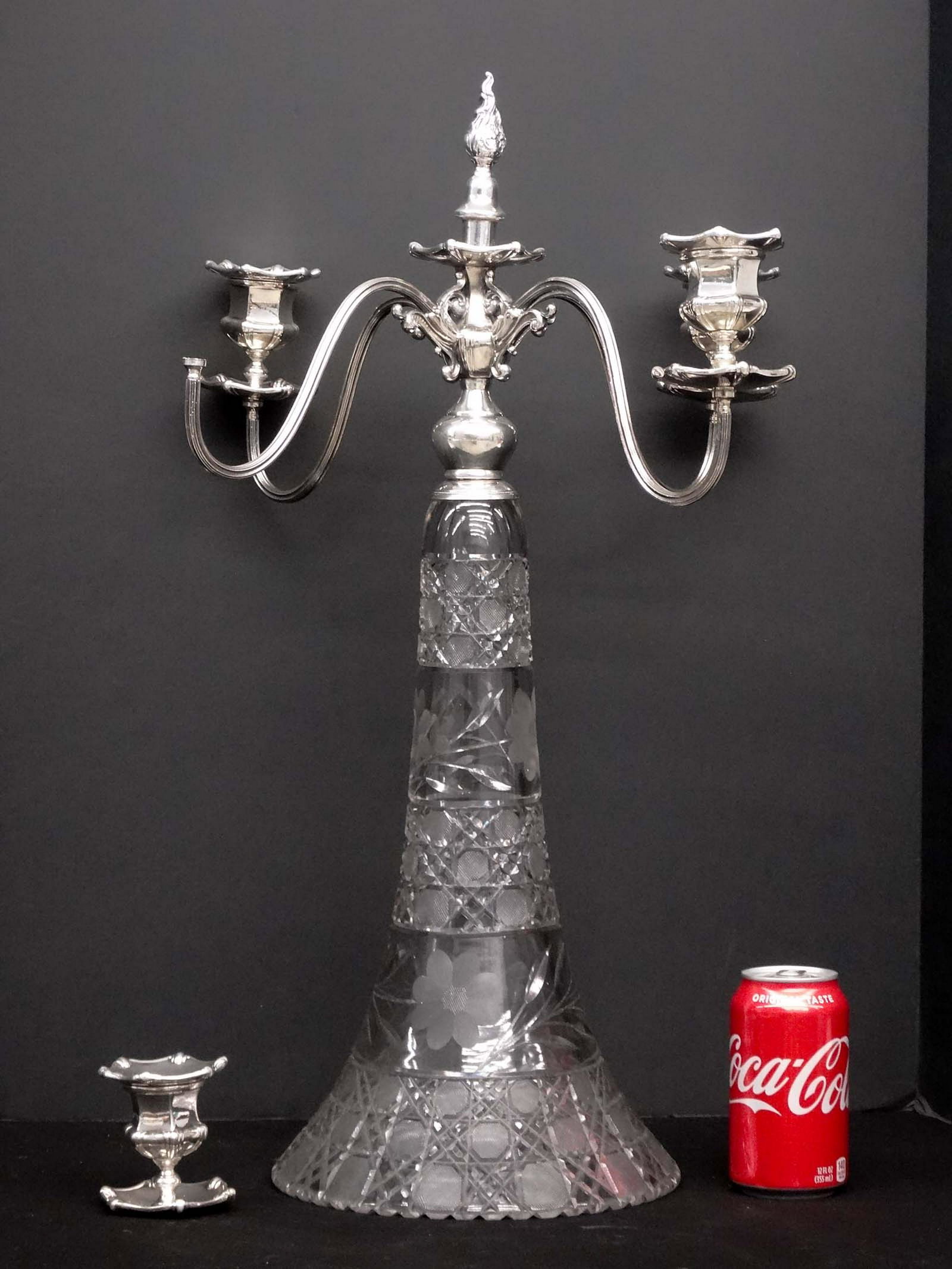 Silverplate & Glass Epergne: Silverplate and glass tall epergne. One bobash needs to be reapplied.