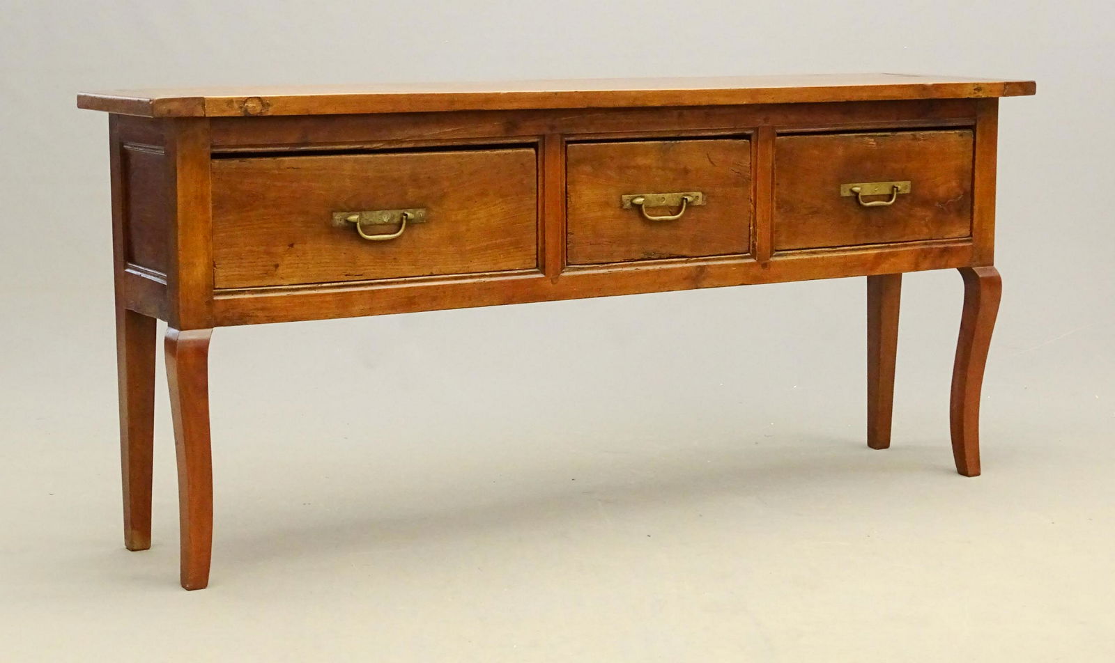 French Serving Table: French three drawer serving table with single slide pull out on one end. 66 1/2" x 14" x 29 1/2" Ht..