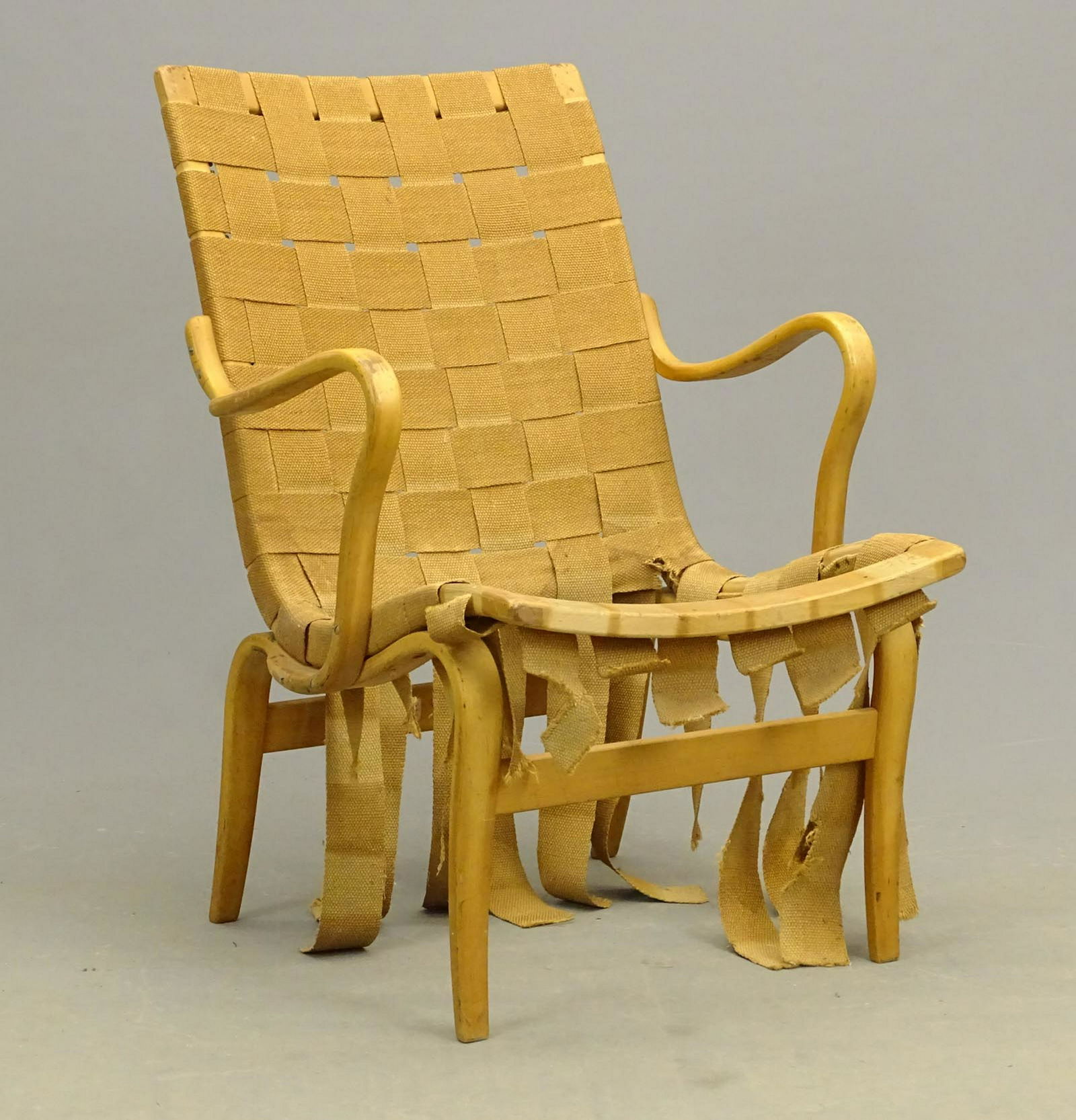 Bruno Mathsson Armchair: Bruno Mathsson armchair. Needs re upholstery. Signed back bottom stretcher.