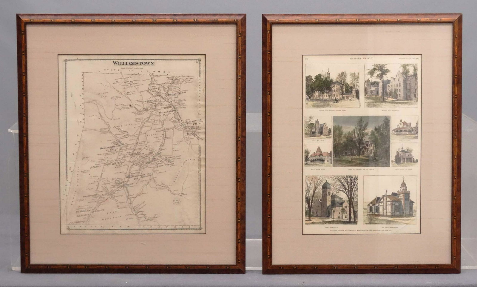 Print Lot: Lot including framed Williamstown map (frame overall 22" x 19"), and Harpers Weekly Williamstown subject (frame overall 22" x 19").