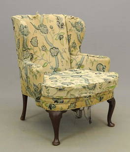 Queen Anne Style Wing Chair: Queen Anne style wing chair. 17" seat Ht., 35" overall Ht..