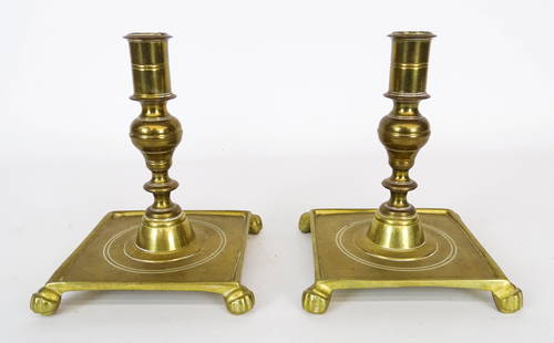 Brass Candlesticks: Pair 20th Century brass footed candlesticks. 7" Ht..