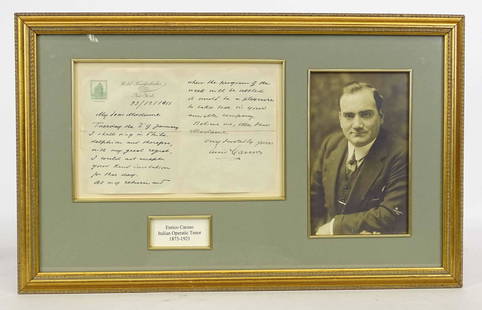 Enrico Caruso Autographed Letter: Opera singer Enrico Caruso autographed letter. Framed with photograph. 14" x 23".