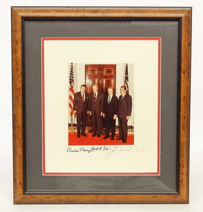 Autographed Photograph: Autographed photograph of group pose with Ronald Reagan, Gerald Ford, Jimmy Carter and Richard Nixon. Info verso. Sight 12" x 10 1/2".