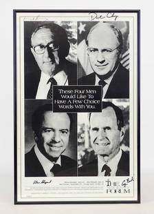 Autographed Poster: 1995 The New Jersey Forum autographed poster, "These Four Men Would Like To Have A Few Choice Words With You", (Alan Shepard, Henry Kissinger, Dick Cheney, George Bush Sr.). Frame overall 23 1/2" x 15