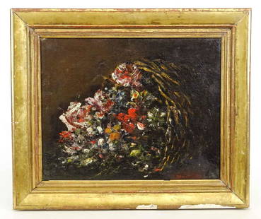 Attributed To: Adolphe Joseph Thomas Monticelli: Attributed To: Adolphe Joseph Thomas Monticelli (1824-1886), basket of flowers, oil on canvas. Conservation info verso. Signed LRC. 16 1/4" x 12 3/4".