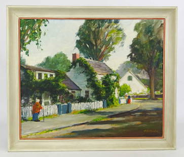 Arthur R. Herrick (1897-1970): Arthur R. Herrick (Mass. / N.H. 1897-1970), street scene with house, oil on canvas. Marked verso on stretcher, "ATLANTIC AVENUE / ROCKPORT". 20" x 24".