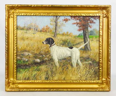 Ray Hayden (United States 20th Century): Ray Hayden (United States 20th Century), English pointer dog, oil on artist board. 16" x 20".