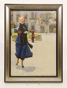 American School, Illustration Of Woman With Car: American School, illustration of woman with car. Oil on canvas. 27" x 19". Signed faintly LLC, "S. W....".