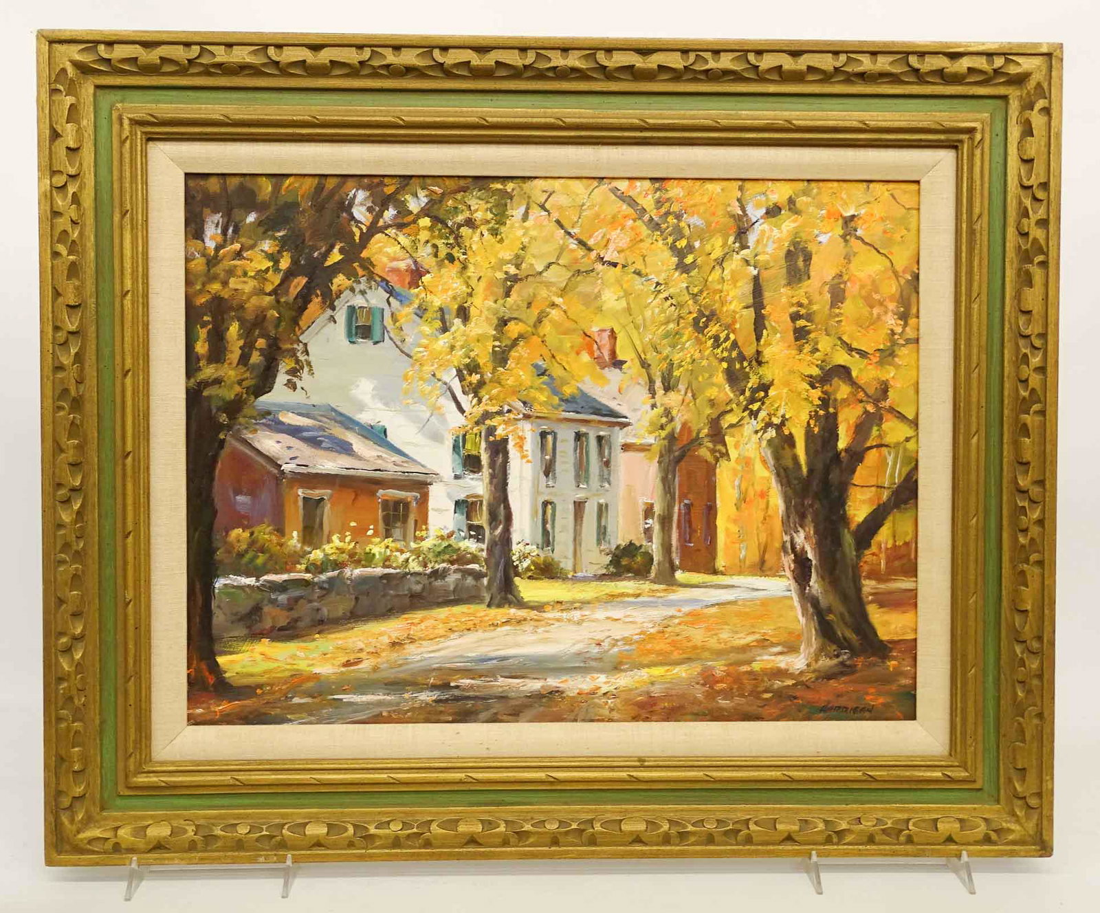 Edward Harrigan (Mass. 1910-1987): Edward Harrigan (Mass. 1910-1987), street scene with houses, oil on masonite. Signed LRC. 18" x 24".