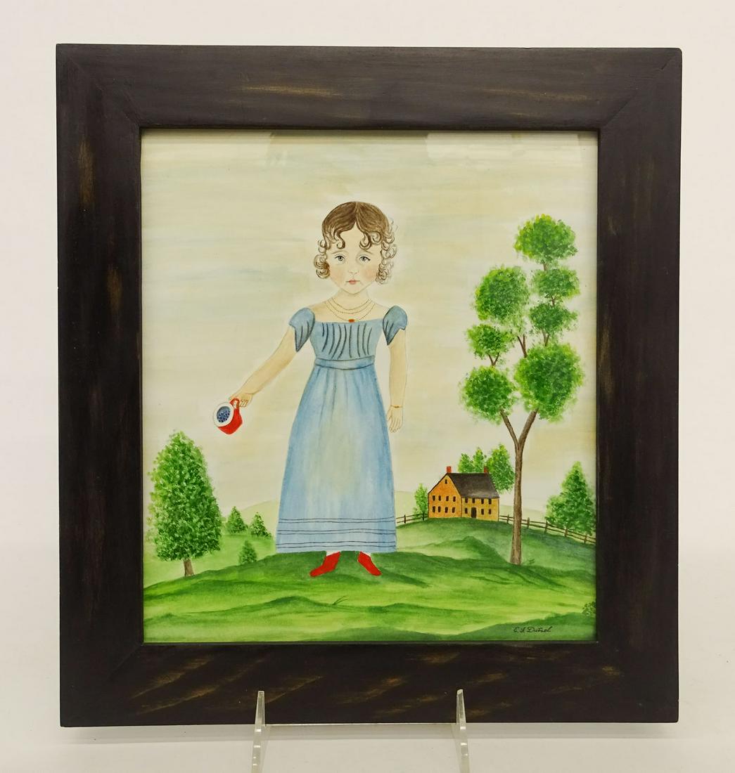 Evelyn S. Dubiel (1922-2019): Evelyn S. Dubiel (1922-2019), "Girl In A Blue Dress", watercolor. Manner of Jacob Maentel. Sight 9 9/16" x 8 1/2".