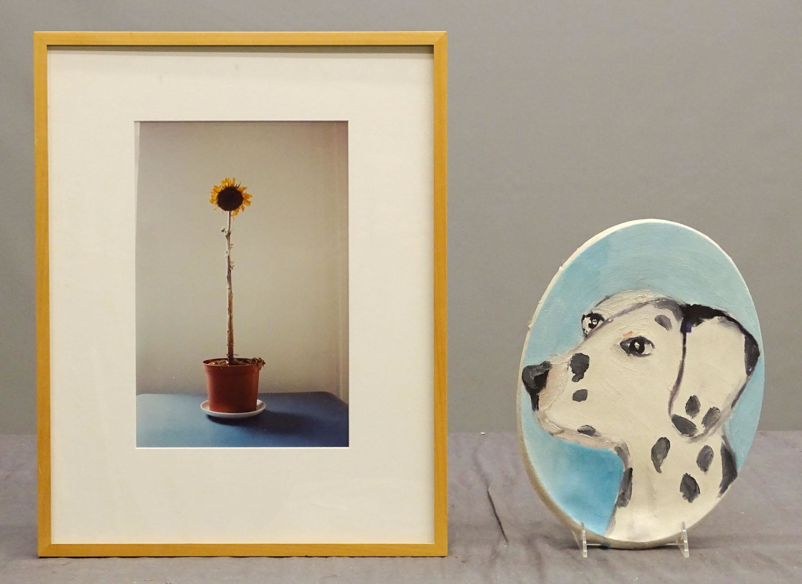 Misc. Lot: Lot including oval painting of a dog, signed "Eric Ginsburg" (12" x 9"), and color photograph of sunflower (sight 12" x 7 1/2").