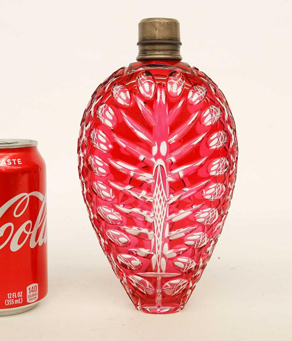 Cranberry Glass Flask: Rare cut to cranberry glass flask. 8" Ht..