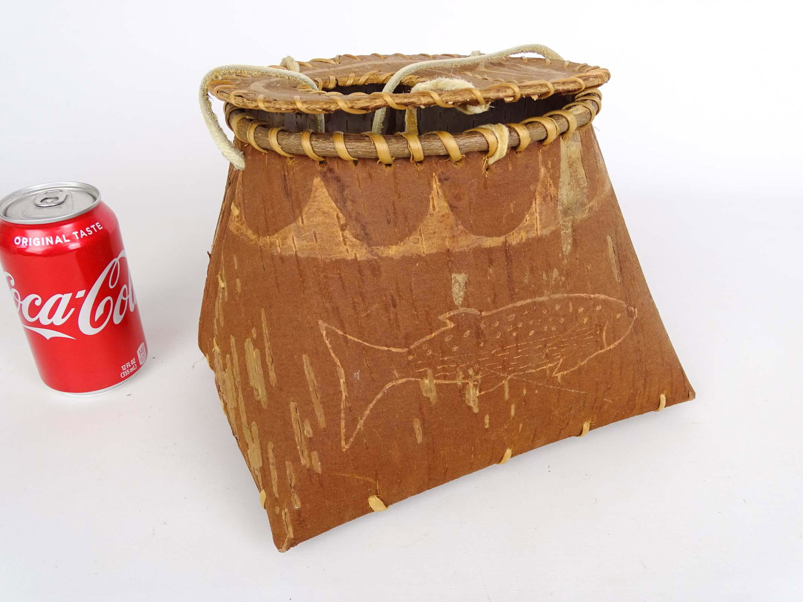 Birch Bark Creel: Birch bark creel with fish design.