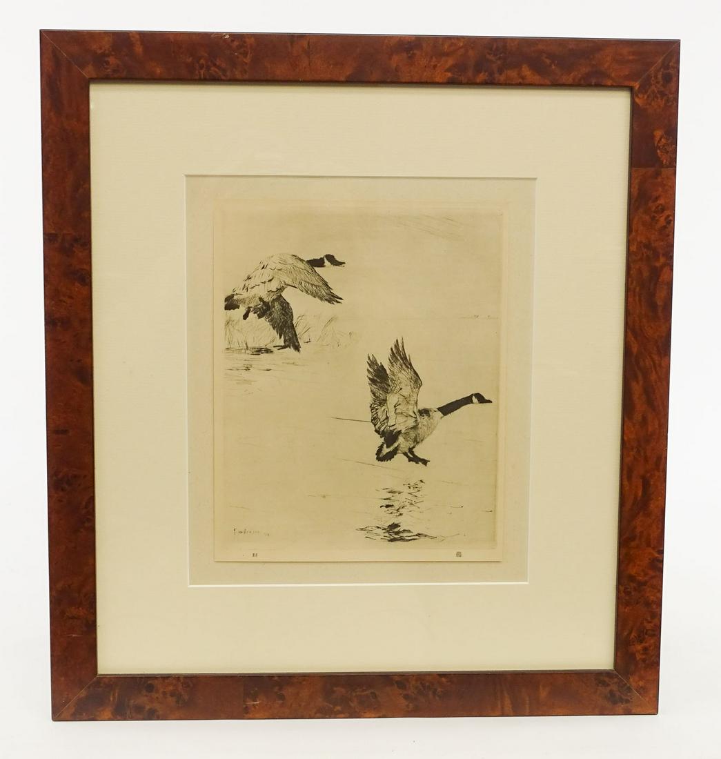 Frank Benson (American 1862-1951): Frank Benson (American 1862-1951), dry point etching, "PLATE III", "GEESE ALIGHTING" . 9 7/8" x 8". From a proof in the possession of A. C. Dickins, Esq..