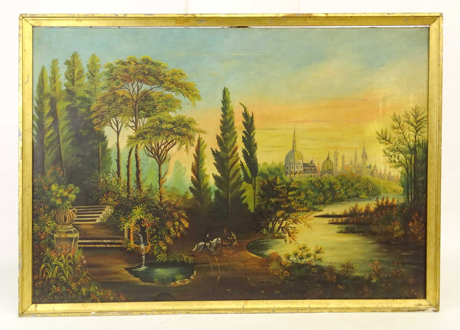 19th c. Landscape Painting: 19th c. Romantic landscape painting. Oil on canvas. Label verso, "Charles P. Russell Art Collection". 28" x 40".
