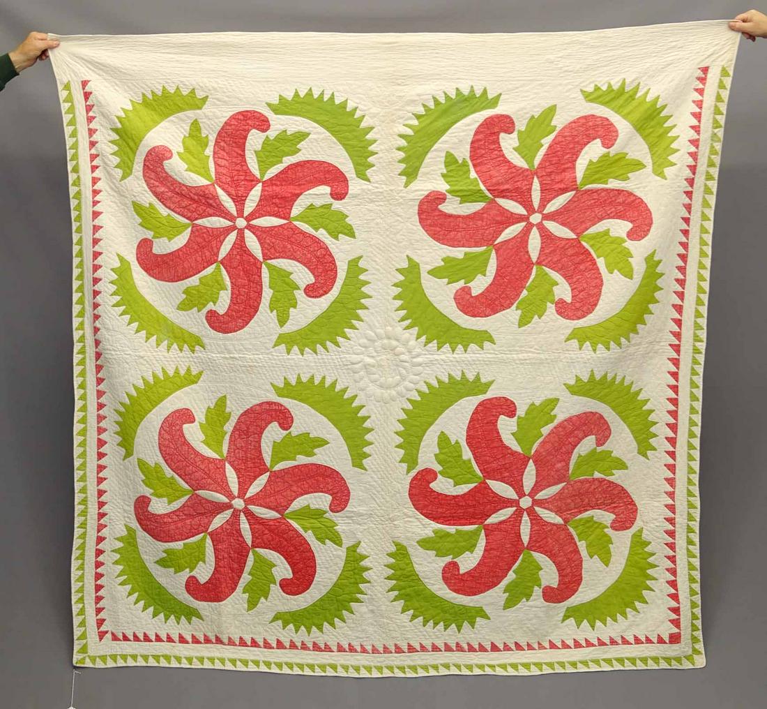 19th c. Princess Feather Quilt: C. 1860's red, green and white Princess Feather applique quilt. 76" square. Overall good shape, some red fading, minor fabric rot.