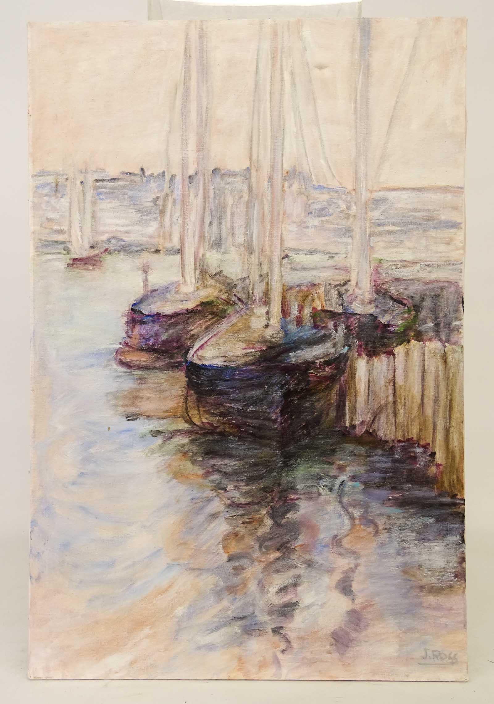 J. Ross (20th Century), Ships In Harbor: J. Ross (20th Century), ships in harbor, oil on canvas. Signed LRC. Unframed. 36" x 24".