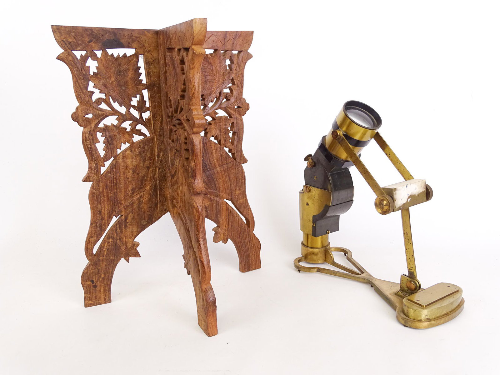 Misc. Lot: Lot including Indian hardwood carved book stand, and brass microscope.