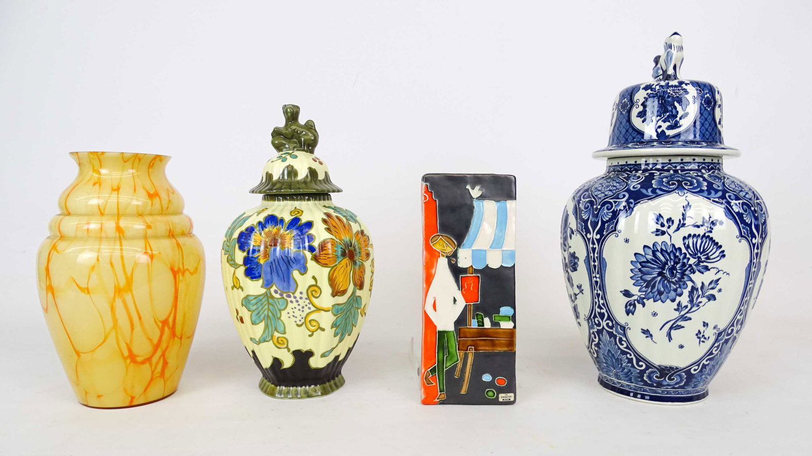 Misc. Lot: Misc. lot including art glass vase, Boch covered jar (16" Ht.), Gouda covered jar (13" Ht.), tile.