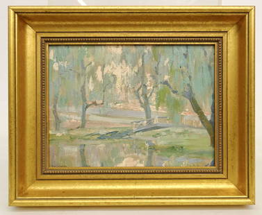 Arrah Lee Gaul (1883-1980): Arrah Lee Gaul (Penna. 1883-1980), landscape, oil on panel. Signed in pencil verso, "MELROSE CAMP". 9" x 12".