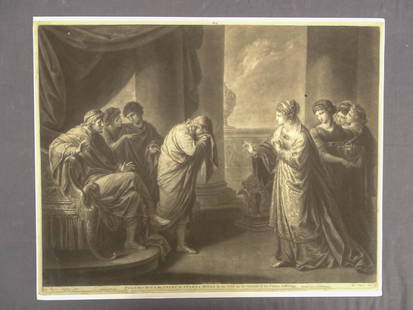 Angelica Kaufman Neoclassical Print: Angelica Kaufman (1741-1807). Telemachus at the Court of Sparta. Mythology mezzotint, engraved by Thomas Burke. W.W. Ryland, London, 1773. 19 1/2" x 24 3/4".