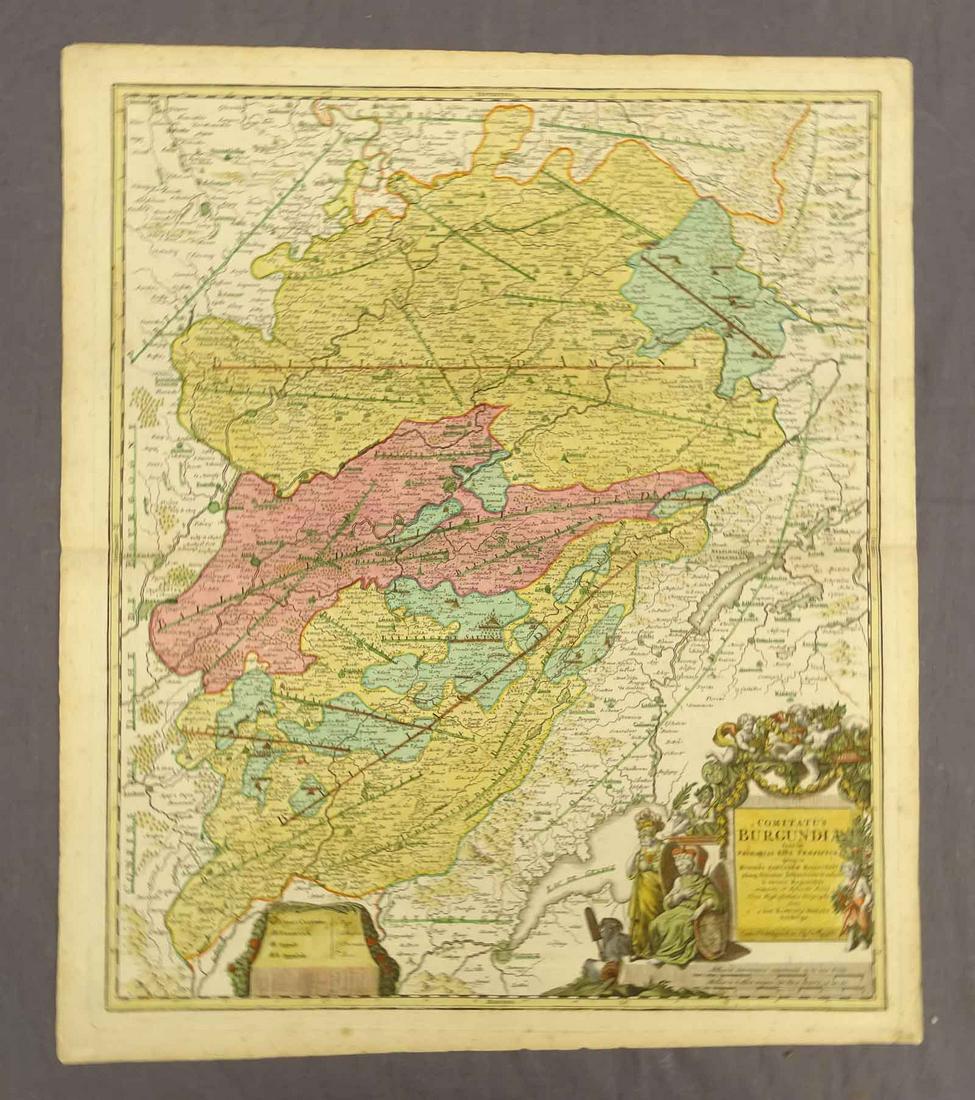 Burgandy France Antique Map: Comitatus Burgundiae. Hand-colored engraved map. French wine region. J.B. Homann, Nuremberg, 18th C. 24 3/4" x 21".
