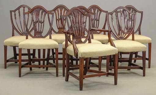 Set of (8) 19th c. Hepplewhite Chairs: Assembled set of (8) 19th c. mahogany Hepplewhite chairs (6 plus 2).