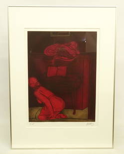 Valerio Adami (Italy b. 1935): Valerio Adami (Italy b. 1935), "Pianoforte", 1984 etching and aquatint. Signed and numbered #35/65. Sight 28 1/2" x 21".