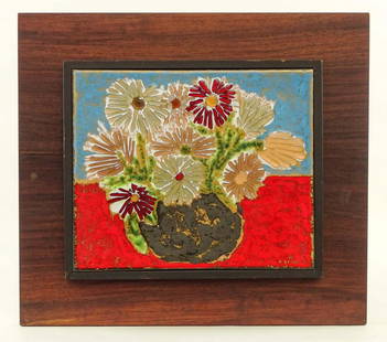 Mid Century Artwork: Mid Century Artwork. Enamel and glass on copper, vase of flowers signed K. Denning (Kaye Denning). Frame overall 15" x 16 1/2".