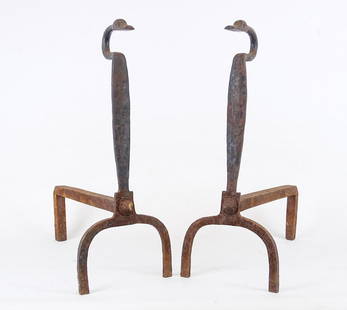 Pair Early Goose Head Andirons: Pair early cast iron figural goose head andirons. 21 1/2" Ht., 17" D..