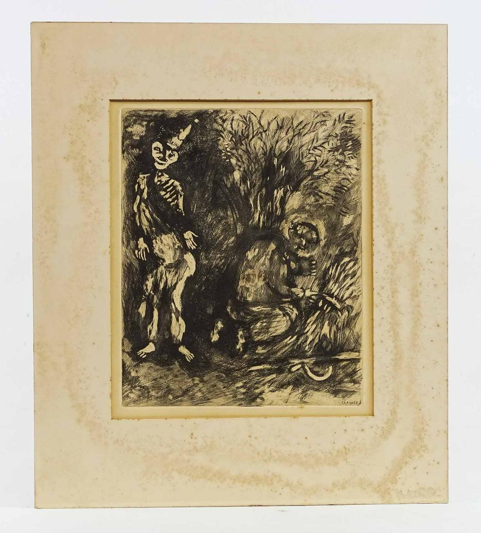 Marc Chagall (1887-1985): Marc Chagall (1887-1985), Death And The Woodsman. Edition of 200 (Plate Eight from Fables of Fontaine), C. 1952. 15 1/4" x 12".